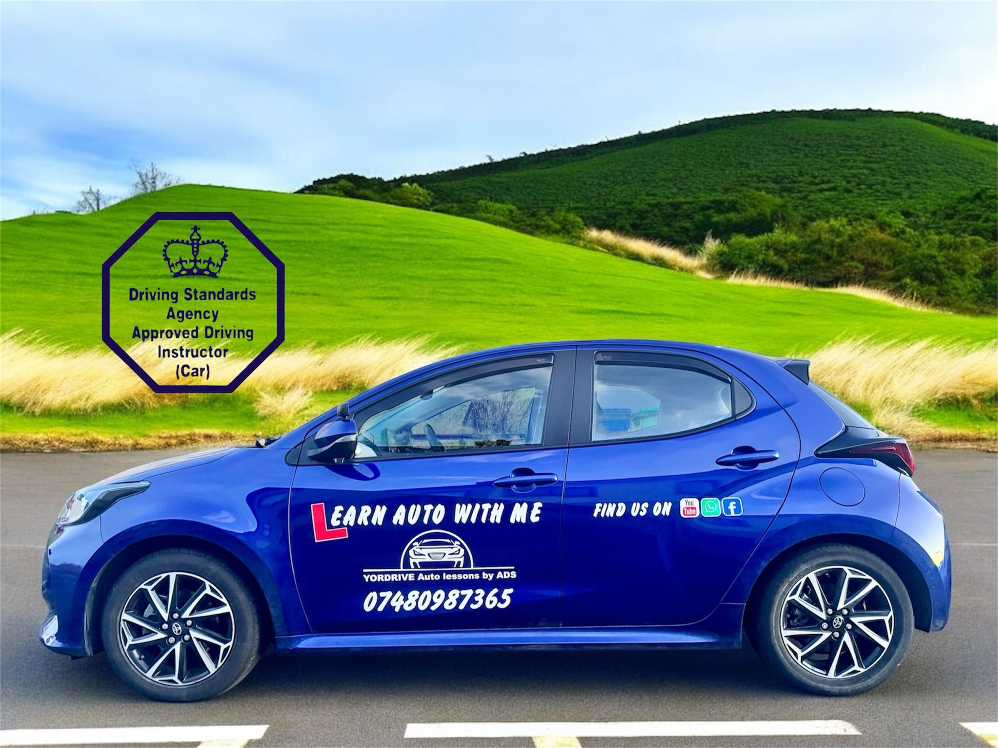 YorDrive training car, a blue automatic Toyota Yaris with dual controls